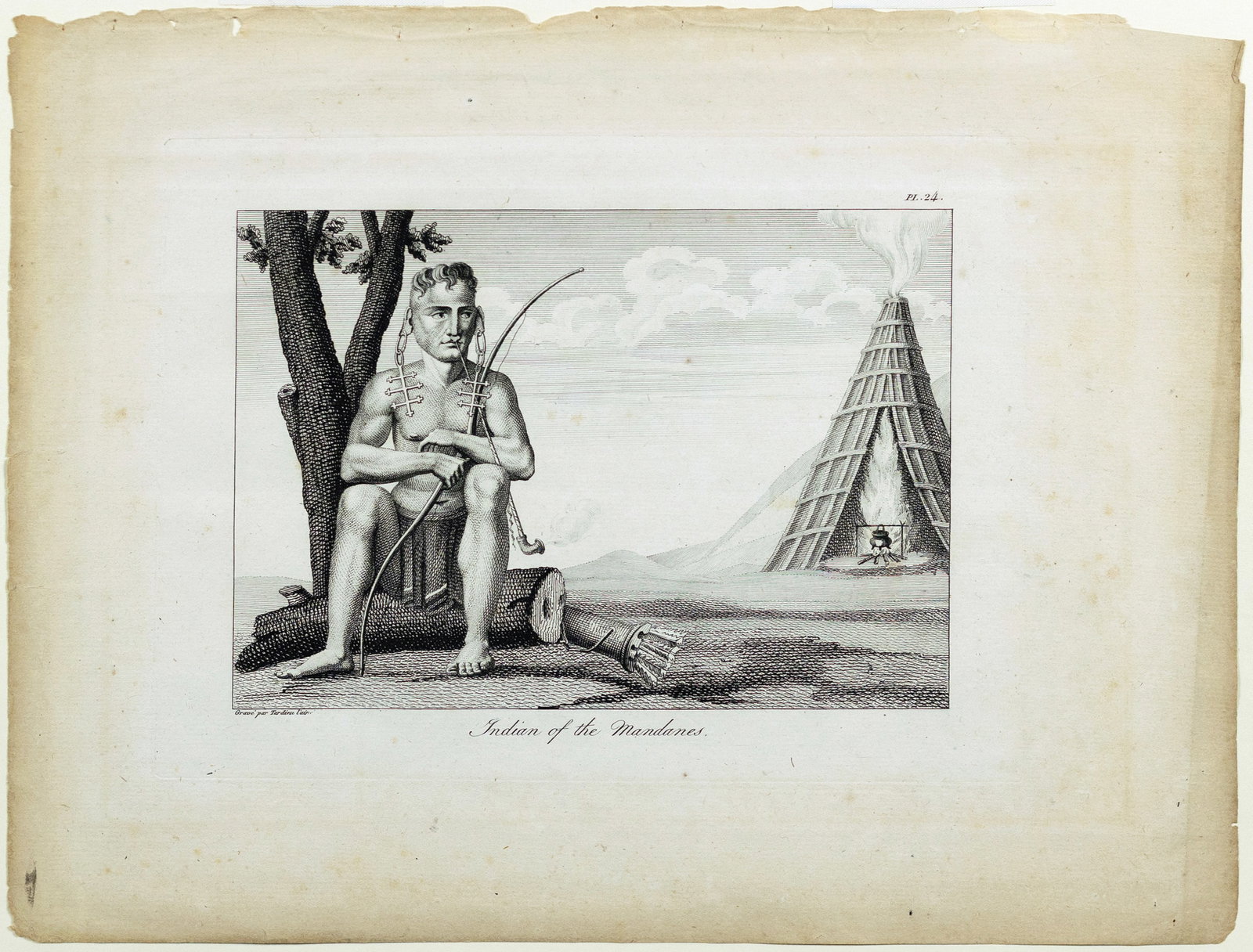 Collot engraving of the Indian of the Mandanes: COLLOT, Georges Henri Victor (1750-1805). Indian of the Mandanes, Plate 24. Engraving from Voyage Dans L'Amerique Septentrionale. Paris, 1826. 10 1/4" x 13 1/4" sheet. From the atlas of Collot's famou