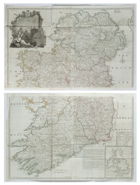 Rocque Wall Map of Ireland, 1770: ROCQUE, John (1709-1762). A Map of the Kingdom of Ireland. Engraved map in two parts with original hand color in outline. London: Sayer, c. 1770. Top sheet: 24 3/4" x 39"; Bottom sheet 26 1/4" x 39". 
