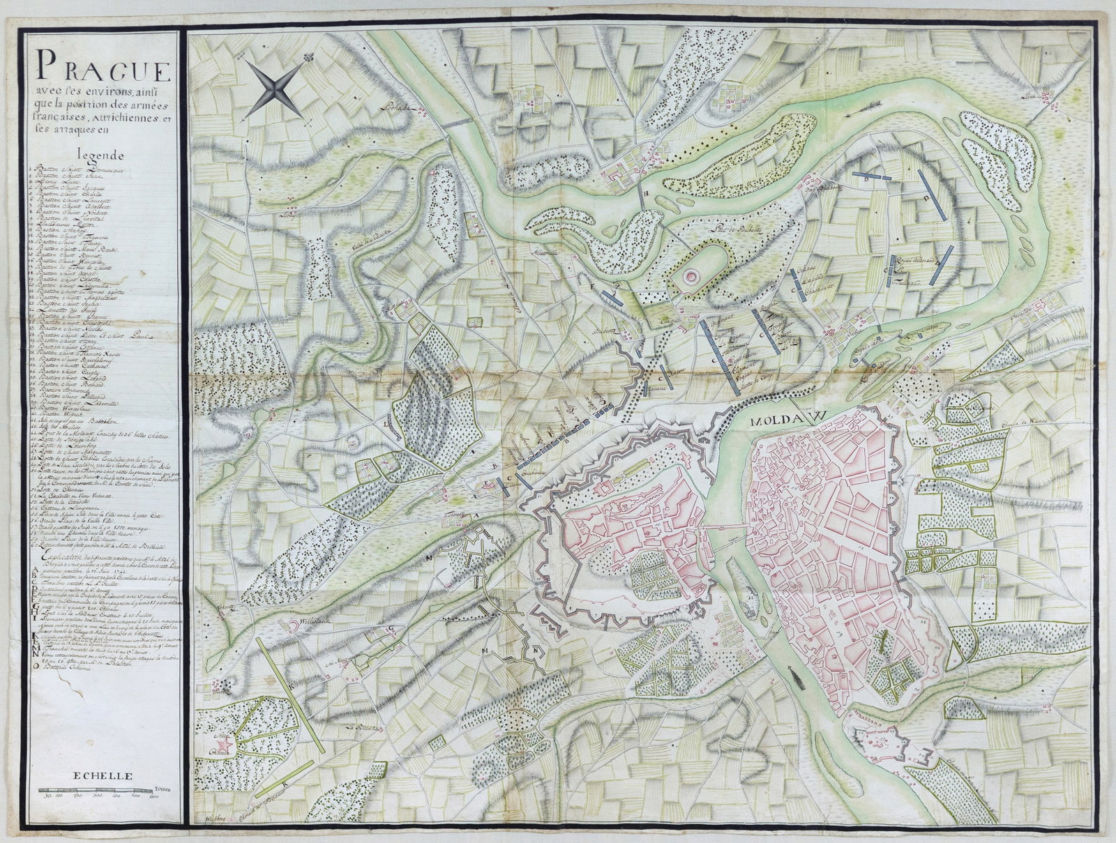 French School Manuscript Map of Prague during the War of Austrian Succession 1742.: FRENCH SCHOOL (Mid-18th Century). Prague avec les environs, ainsi que la position des armees francais autrichiennes et ses attaques... Manuscript map in pen and ink with original hand color. France, c