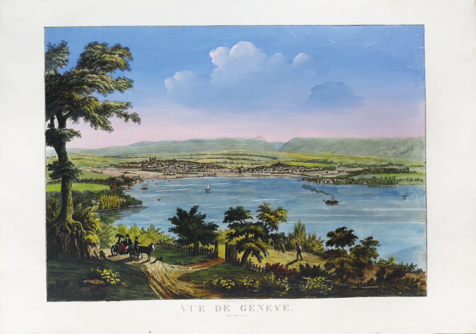 Bance Rare Aquatint View of Geneva Switzerland, 1850: BANCE (French, Early 19th-century). Vue de Geneve prise du Cologny [Geneva, Switzerland]. Aquatint with original hand color. Paris, 1823-1850. 24 3/8" x 35 1/4" sheet; 36 1/4" x 47" framed. Rare view 