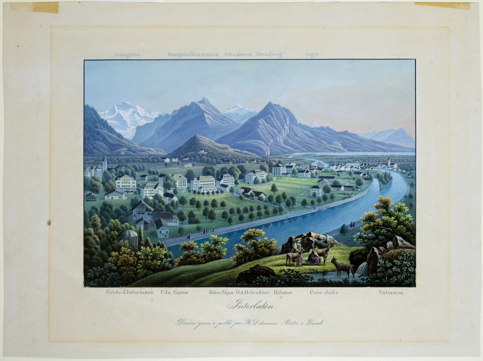 Interlaken Switzerland Lithographs 1850: [Switzerland] Interlaken. Lithograph with original hand color. Zurich, R. Dikenman, c. 1850. 8 1/4" x 11" sheet.