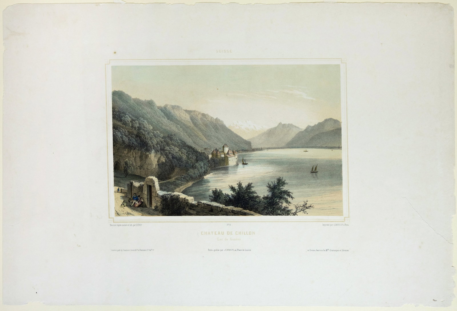 Deroy Pair of Switzerland Lithographs: [Pair of Switzerland Views]. DEROY, Isidore Laurent (19th Century). 1. Chateau de Chillon / Lac de Genève [No. 6]. 2. Genève / Vue prise de Cologny [No. 3]. Lithographs with original hand color. Lon