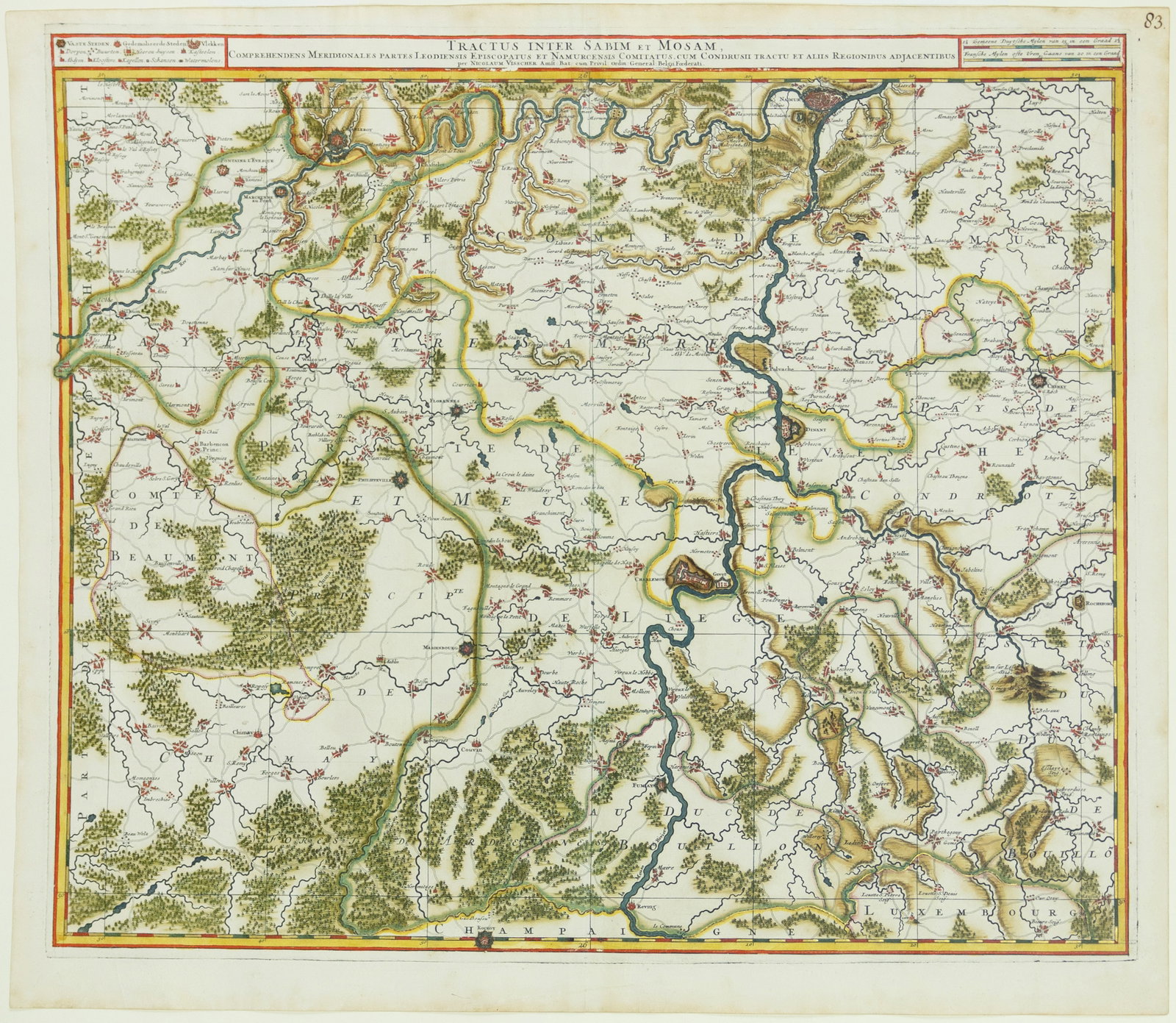 Visscher engraved map, with exceptional color by Van Santen - [Belgium]: VISSCHER II, Nicholas (1649 – 1702). Tractus Inter Sabim et Mosam... [Belgium]. Engraved map with exceptional original hand color by Van Santen, heightened with gold. Amsterdam, after 1683. 21" x 24