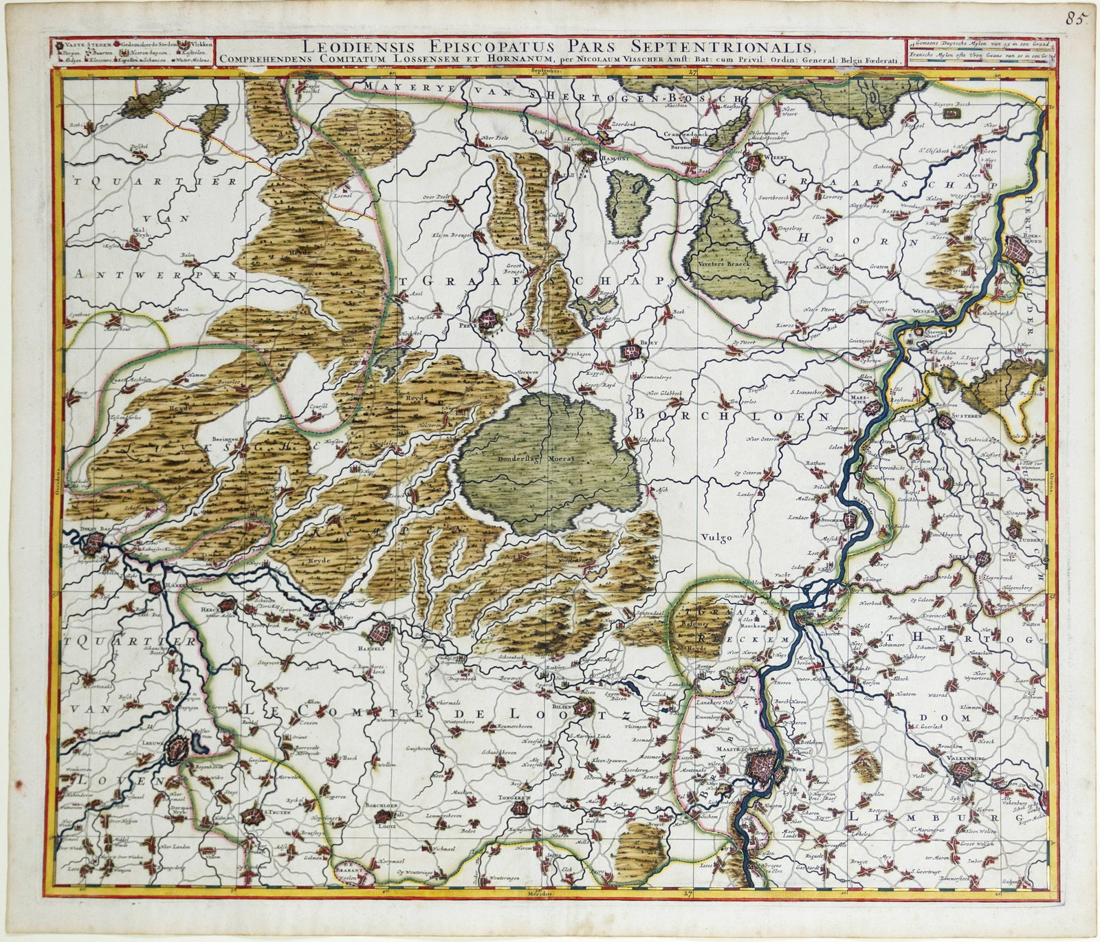Visscher engraved map, with exceptional color by Van Santen - [Leuven, Belgium & Maastricht, (1 of 1)