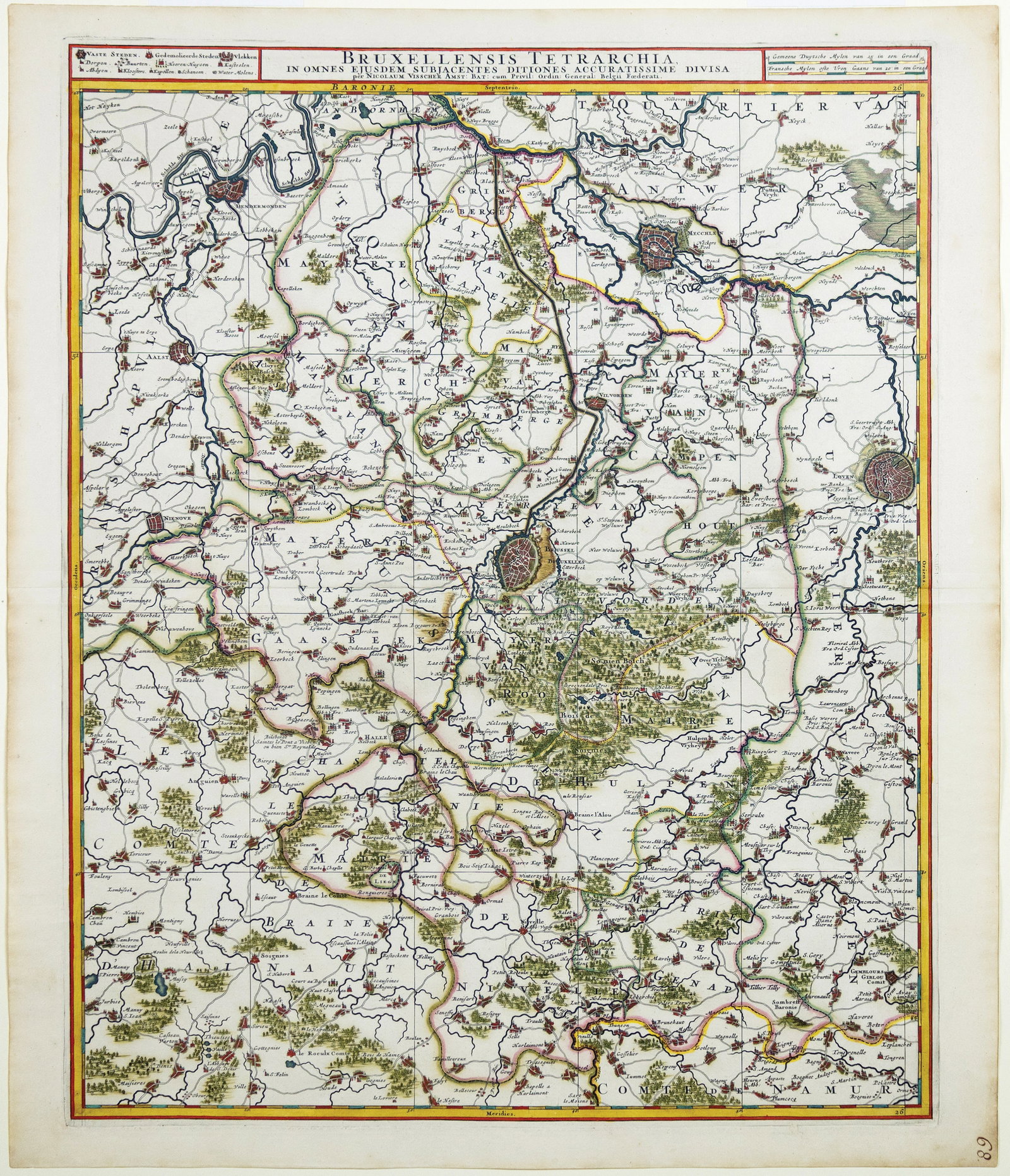 Visscher engraved map, with exceptional color by Van Santen - [Brussels, Belgium]: VISSCHER II, Nicholas (1649 – 1702). Bruxellensis Tetrarchia... [Brussels, Belgium]. Engraved map with exceptional original hand color by Van Santen, heightened with gold. Amsterdam, after 1683. 24 