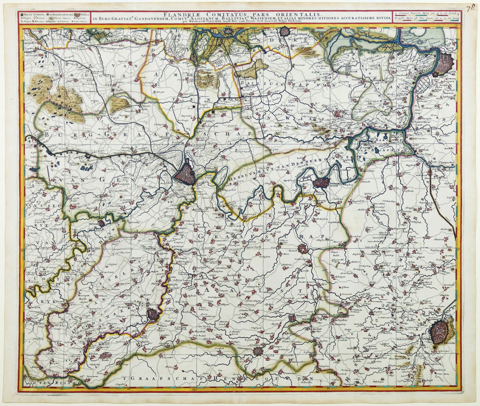 Visscher engraved map, with exceptional color by Van Santen - [Ghent to Brussels, Belgium] (1 of 1)