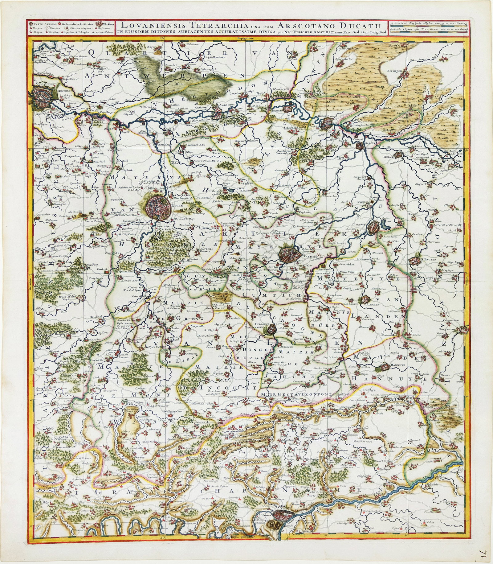 Visscher engraved map, with exceptional color by Van Santen - [Leuven, Belgium]: VISSCHER II, Nicholas (1649 – 1702). Lovaniensis Tatrarchia una cum Arscotano Ducatu...[Leuven, Belgium]. Engraved map with exceptional original hand color by Van Santen, heightened with gold. Amste