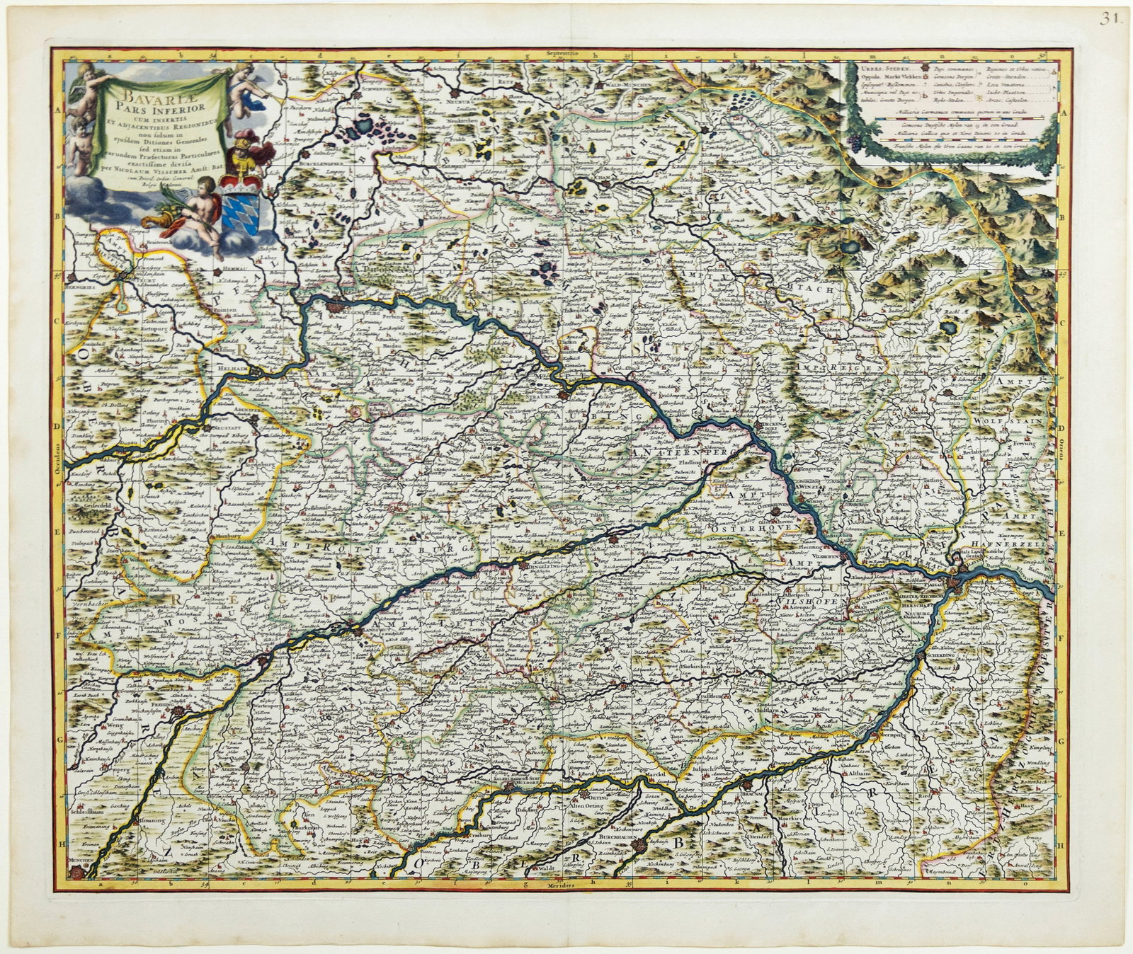Visscher engraved map, with exceptional color by Van Santen - [Southern Bavaria, Germany]: VISSCHER II, Nicholas (1649 – 1702). Bavariae Pars Inferior...[Southern Bavaria, Germany]. Engraved map with exceptional original hand color by Van Santen, heightened with gold. Amsterdam, after 168