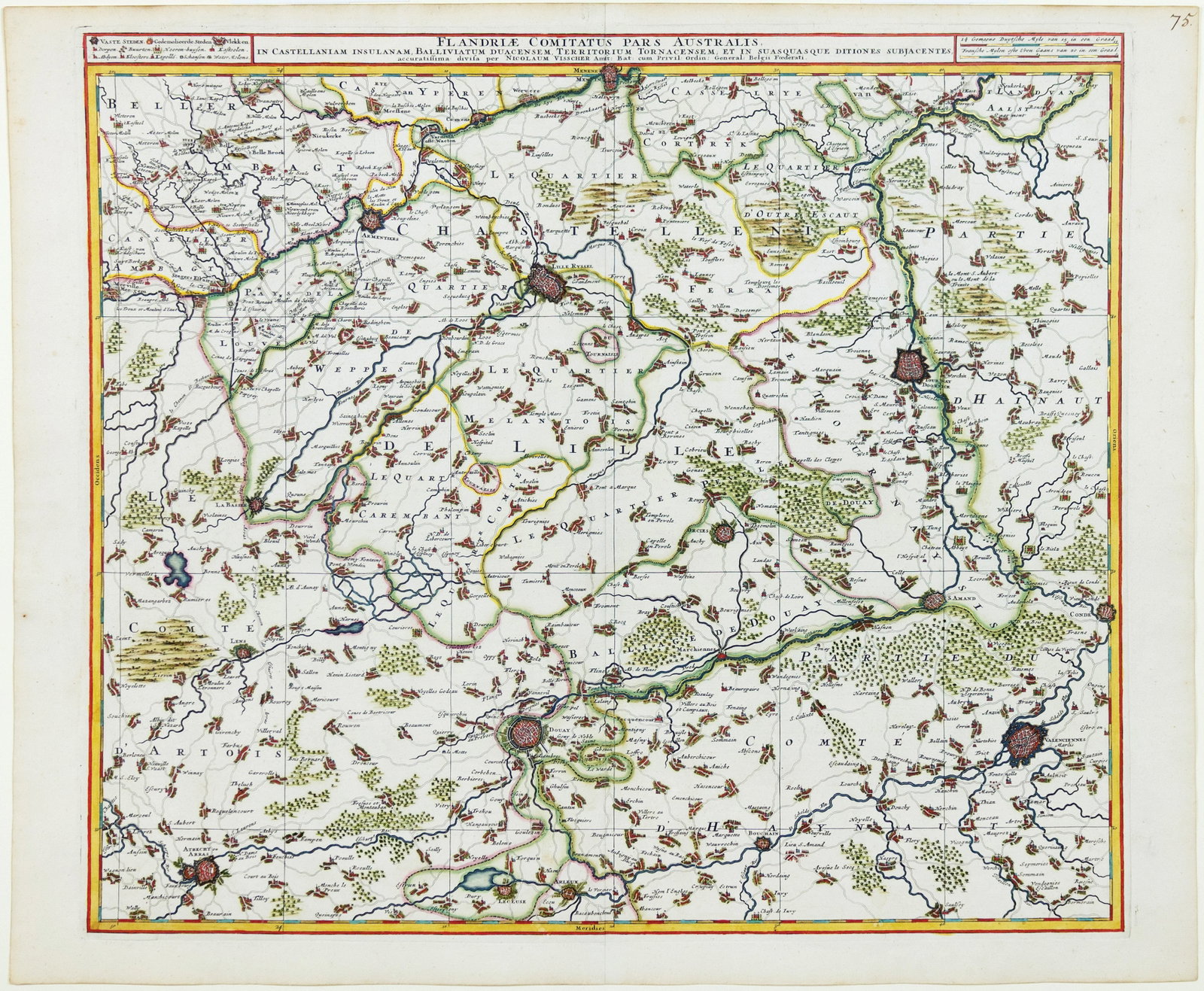 Visscher engraved map, with exceptional color by Van Santen - [Lille to Douai, France]. (1 of 1)