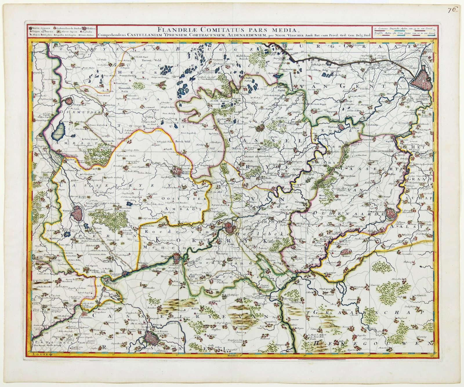 Visscher engraved map, with exceptional color by Van Santen - [Central Flanders or Belgium]: VISSCHER II, Nicholas (1649 – 1702). Flandriae Comitatus Pars Media...[Central Flanders or Belgium]. Engraved map with exceptional original hand color by Van Santen, heightened with gold. Amsterdam,
