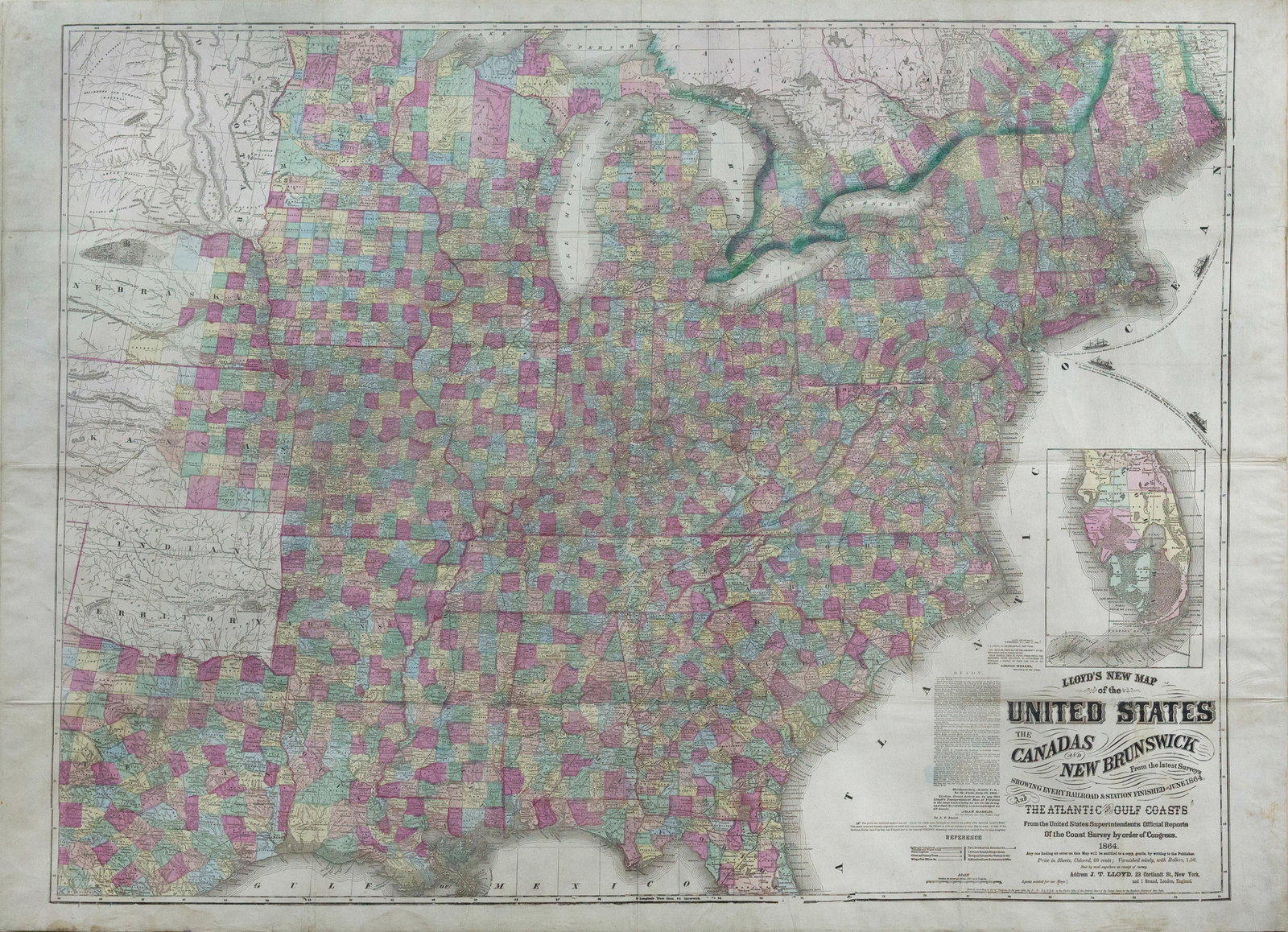 James T. Lloyd Civil War Map of the United States 1864: [American Civil War] LLOYD, James T. (fl. mid-19th century). Lloyd's New Map of the United States, The Canadas and New Brunswick. Lithographed map with original hand color. New York, 1864. 39 1/2" x 5