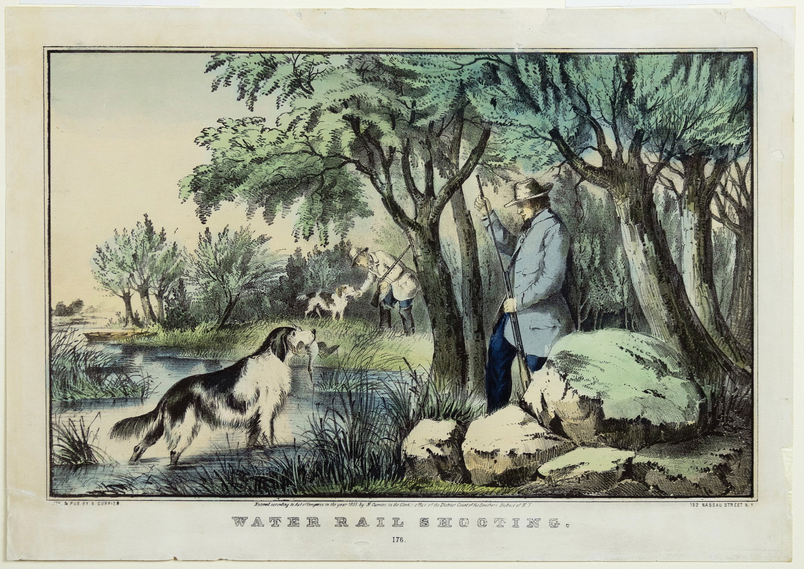Currier & Ives Lithograph Water Rail Shooting: CURRIER, Nathaniel (1813 - 1888). Water Rail Shooting. Lithograph with original hand color. New York: N. Currier, 1855. 9 3/4" x 14" sheet.
