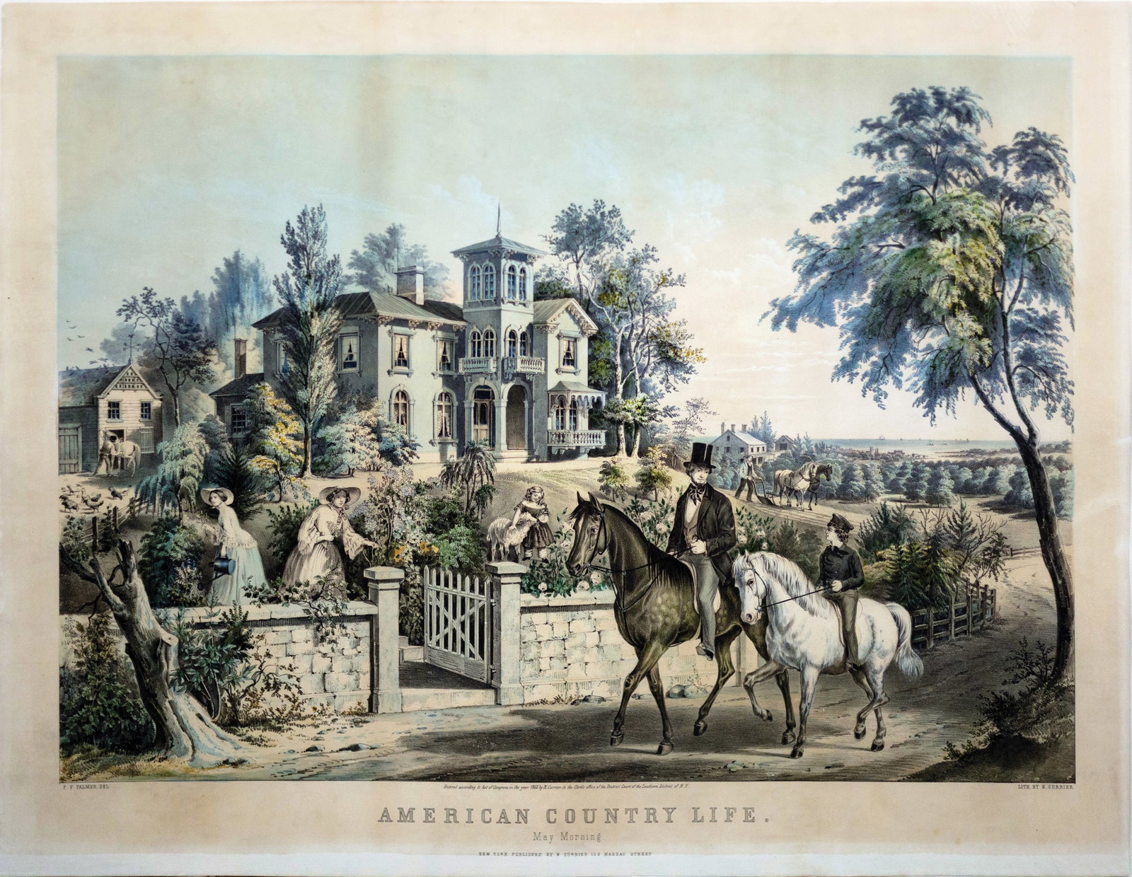 Currier Lithograph, American Country Life. May Morning.: CURRIER, Nathaniel (1813 - 1888), after Frances Flora Bond Palmer (1812-1876). American Country Life. May Morning. Lithograph with original hand color. New York: Currier, 1855. 20 1/4" x 26 5/8" sheet