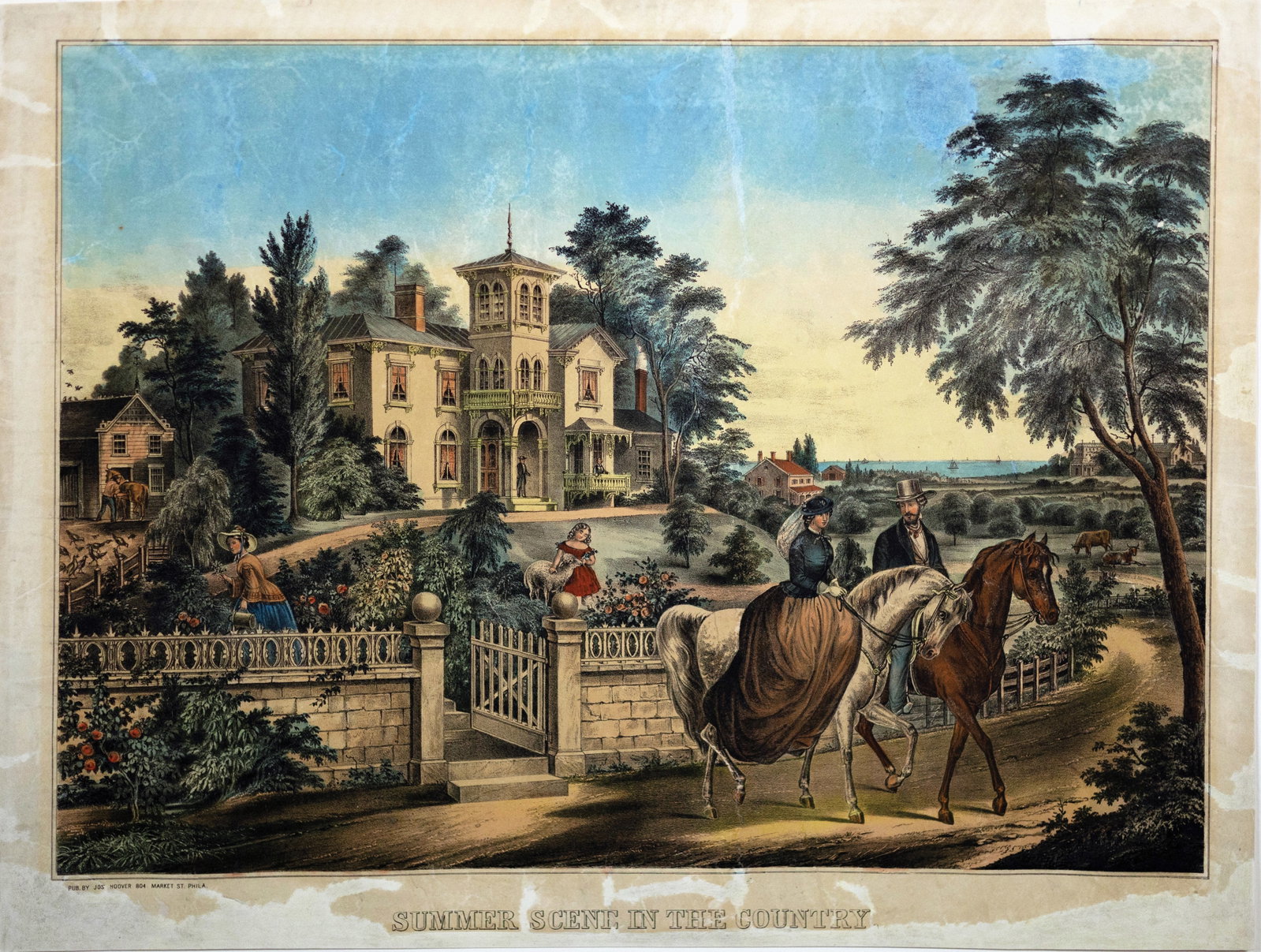 Joseph Hoover Lithograph, Summer Scene in the Country: HOOVER, Joseph (19th century). Summer Scene in the Country. Lithograph with original hand color. Philadelphia, c. 1860. 19 5/8" x 26 1/4" sheet.