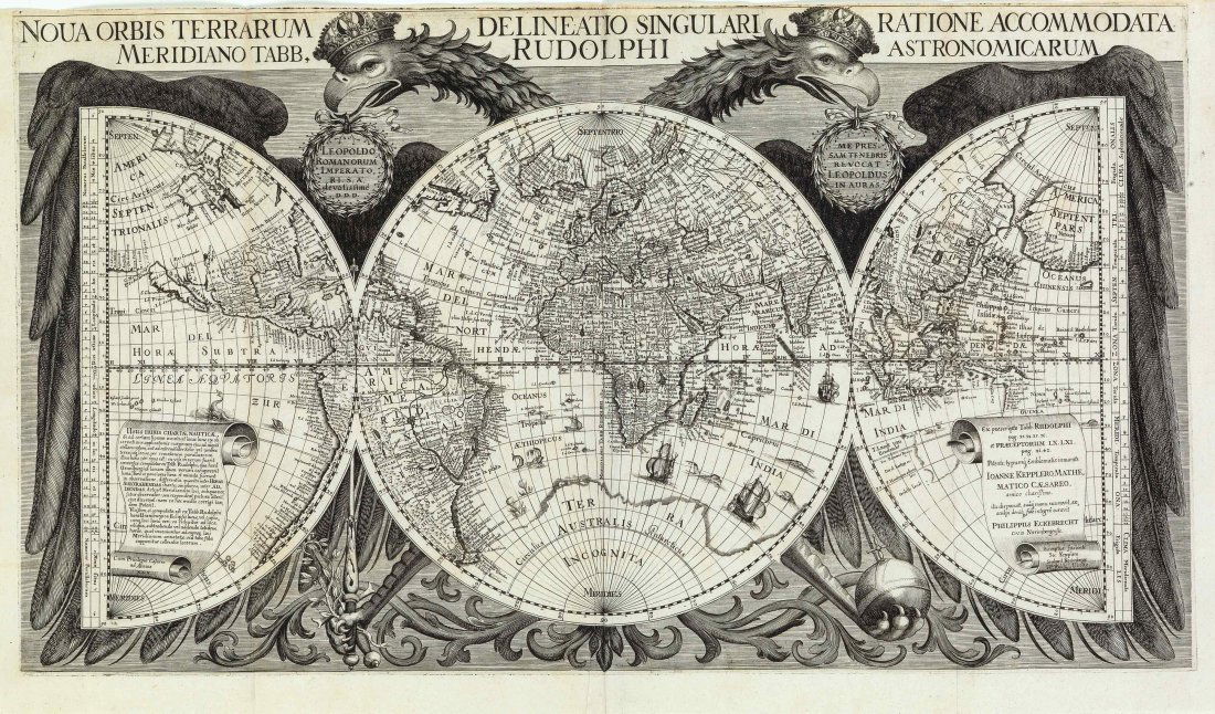 ECKEBRECHT, Nova Orbis Terrarum…: Eckebrecht, Philip. Nova Orbis Terrarum Delineatio Singulari Ratione Accommodata Meridiano Tabb. Rudolphi Astronomicarum. 1658. 380 x 680 mm. Large engraved hemispherical world map surmounted by the t