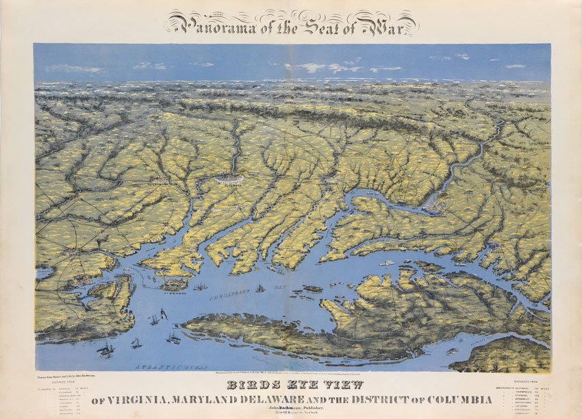 Bachman, Virginia, Maryland, Delaware and the District: BACHMAN, John. Virginia, Maryland, Delaware and the District of Columbia. From the series Panorama of the Seat of War. Color lithograph: paper size app. 22 ½" x 33". First Edition: New York, 1861. Th