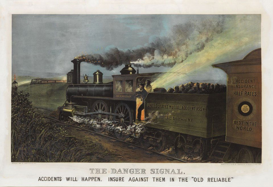 Currier and Ives, The Danger Signal: The Danger Signal/ ACCIDENTS WILL HAPPEN. INSURE AGAINST THEM IN THE "OLD RELIABLE." New York: Currier and Ives, 1884. Sheet size: 21 3/4 x 32 inches.