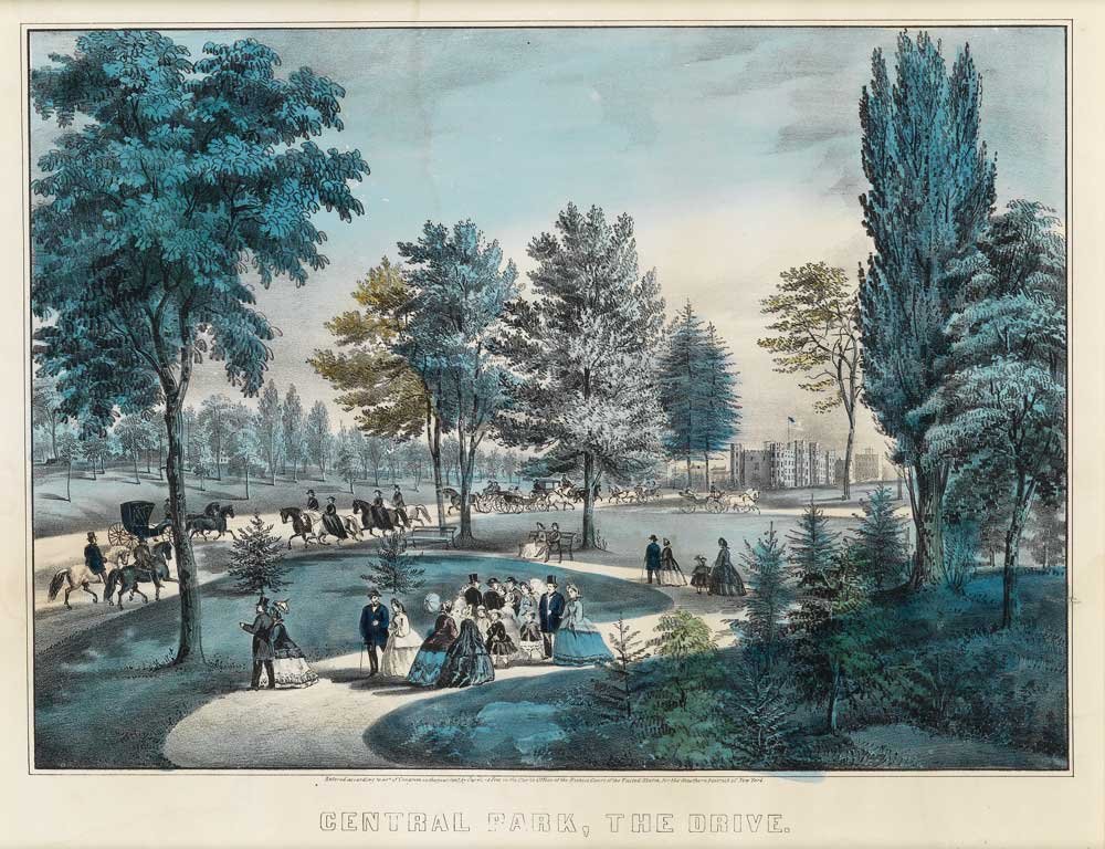 Currier and Ives, Central Park- The Drive: New York: Currier and Ives, 1862. Examined in frame. Framed: 27 3/4 x 26 1/4 inches.