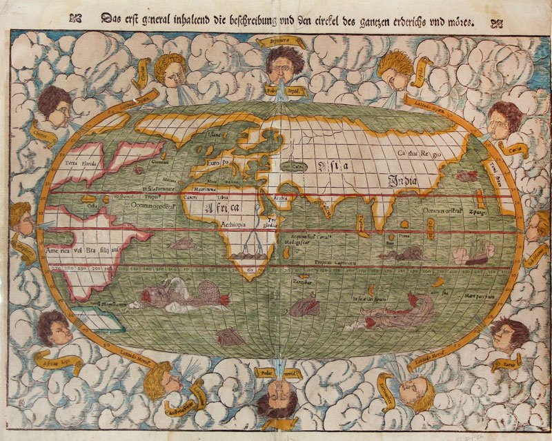 Munster, Mappa mundi: MUNSTER, Sebastian (1488-1552). From Sebastian Munster's "Cosmographia." after 1552.; Mappa mundi. Basel: 1550. 11 3/4 x 15 1/4 inches.