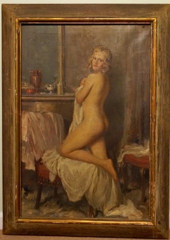 Attilio Toro; Italian Oil Painting Signed: Oil on canvas, Interior with Nude signed l.r.; 30in. X 20in.
