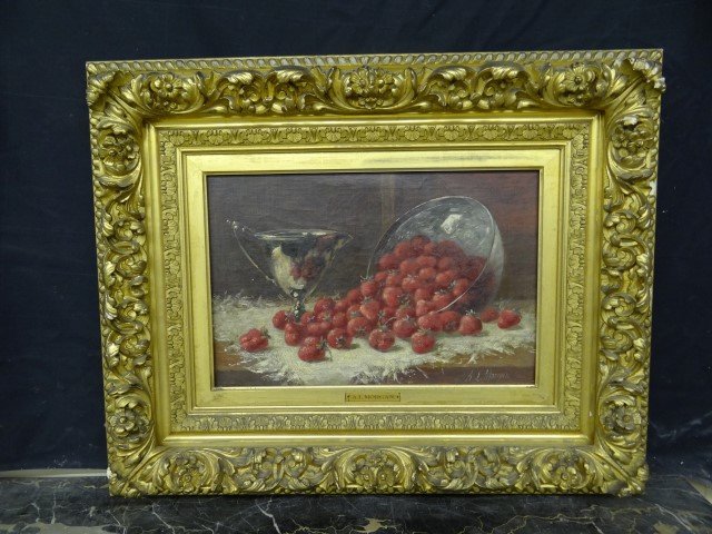 Annie L. Morgan; oil painting signed: Oil on canvas, Still life- bowl of stawberries on a table signed l.r.; 13in. X 18in.