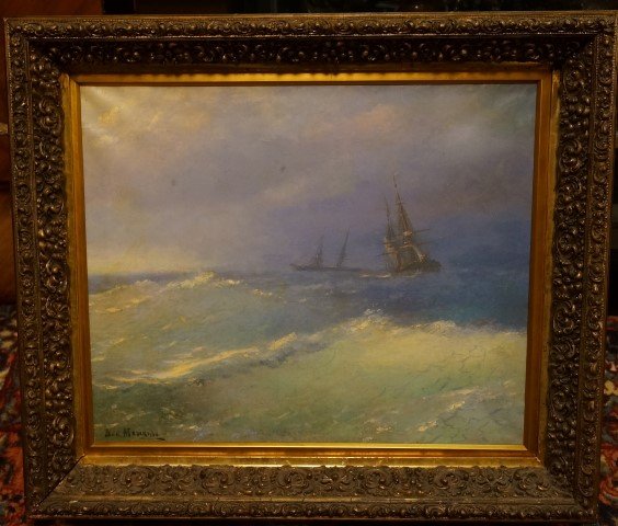 Russian Oil Marine Painting Signed: Oil on canvas, Ships on High Seas signed l.l. indiscernibly; 19.5in. X 23.5in.