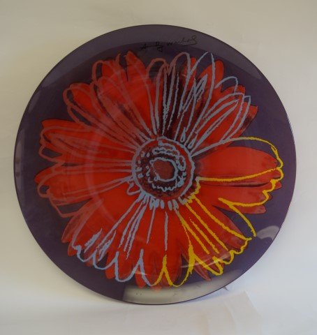 20th C. Modernist Andy Warhol Glass Charger: 20th C. Andy Warhol Glass Charger for Rosenthal. Floral design. Signed; 21.25in. D.