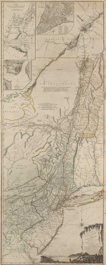 Thomas Jefferys, The Provinces of New York, and New: JEFFERYS, Thomas (c. 1719 - 1771). The Provinces of New York, and New Jersey; with part of Pensilvania, and the Province of Quebec. London: Sayer and Bennett, 1776. Sheet size: 53 x 21 1/8 inches.