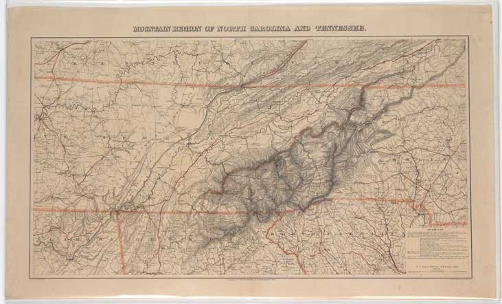Lindenkohl and Nicholson, Mountain Region of North: LINDENKOHL, A. – NICHOLSON, W. L. Mountain Region of North Carolina and Tennessee. Washington: H. Lindenkohl & Chas. G. Krebs, 1864. Lithographed, original hand color in outline. 25 1/8 x 42 inches