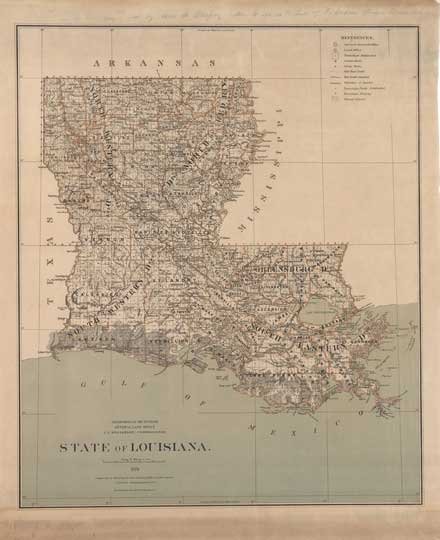 GLO, State of Louisiana.: UNITED STATES GENERAL LAND OFFICE. State of Louisiana. N.Y.: Julius Bien, 1879. Lithographed, original printed color and original hand color in outline. 32 ¼ x 26 ½ inches (unframed). An important l