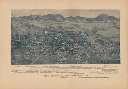 J.J. Stoner, City of Santa Fe, New Mexico.: STONER, J. J. City of Santa Fe, New Mexico. Denver: Mills Eng. Co., 1882. 8 ¼ x 12 inches (unframed). Fine lithographed view of Santa Fe originally published in Aztlan: The History, Resources and Att