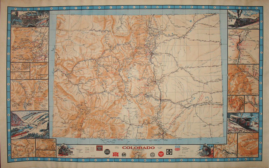 Colorado Railroad Map: Linn H. Westcott (1913-1980). Kalmbach Publishing Co., Milwaukee, Wisconsin: 1943. Color-process print. 21.75 x 36 inches, to lined border. 24 x 38 inches, overall. Pictorial railroad map of the State