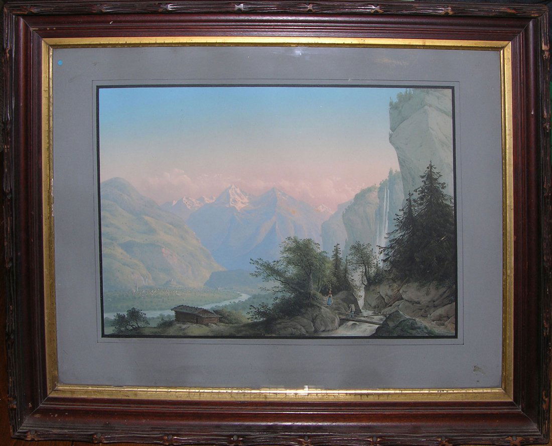 Swiss Mountain Landscape: Konrad Corradi (Swiss, 1813–1878). Watercolor on Paper; Signed Lower Left “K.Corradi” Framed: 22 x 28 inches; Sheet Size: 13 1/4 x 19