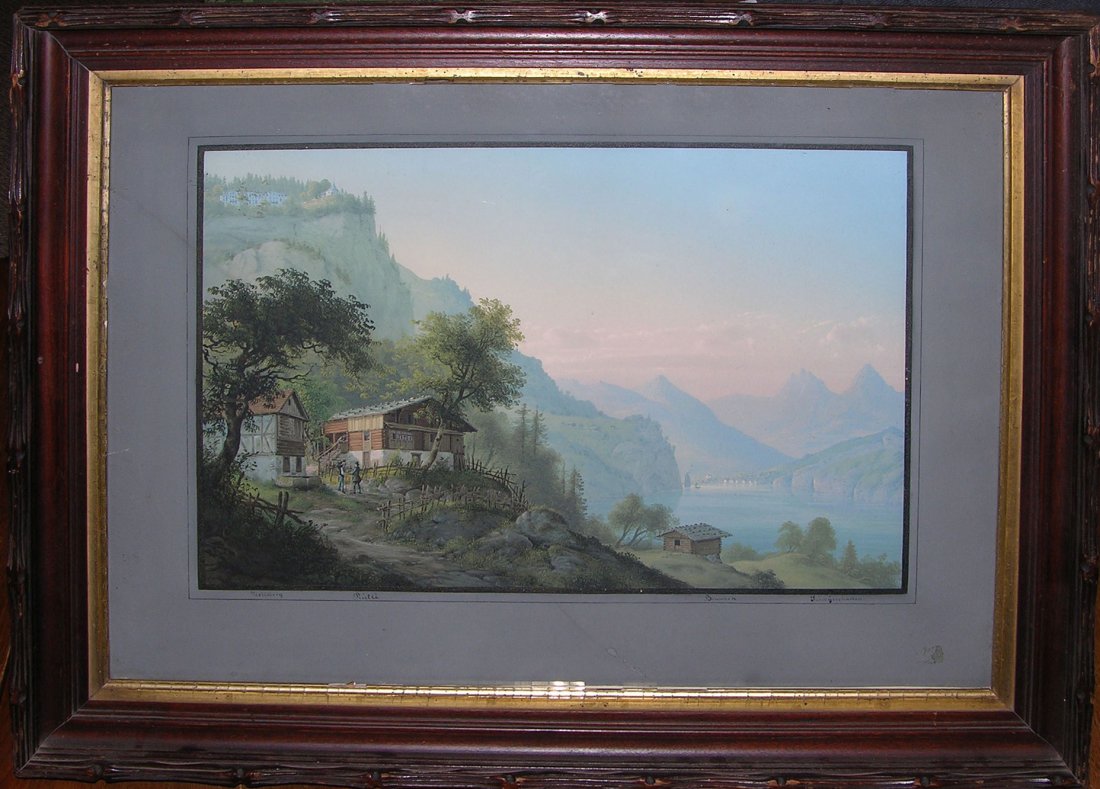 Swiss Mountain Landscape: Konrad Corradi (Swiss, 1813–1878). Watercolor on Paper; Signed Lower Left “K.Corradi” Framed: 22 x 28 inches; Sheet Size: 13 1/4 x 19