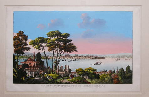 Vue de Constantinople, Prise de la Mer de Marmara.: Schwartz after Louis Francois Cassas. aquatint with gouache. Paris, 1830. 24 x 35 inches, 36 x 47 inches framed. A beautiful view of Constantinople by one of the leading topographical artists of the d