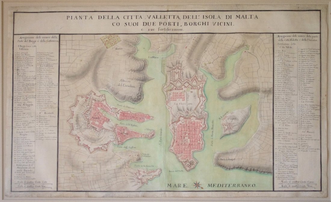 Pianta Della Citta, Valletta: Anonymous. pen and ink with watercolor on paper. Italy, c. 1750. 24 1/4 x 27 3/4 inches, 33 1/2 x 47 inches Framed. Beauitful Manuscript Map Completed during a Crucial point in Malta's History.