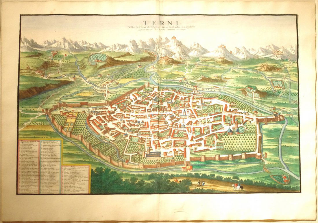Terni. Ville de l'Etat de l'Eglise, dans le Duche de...: Terni. Ville de l’Etat de l’Eglise, dans le Duche de Spoleto Johannes Blaeu. hand-colored engraving. Amsterdam: Pierre Mortier, c. 1724. 21 x 25 3/4 inches, 31 3/4 x 35 3/4 inches framed