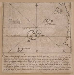 L'isola de S. Thome: Antonio Lafreri. engraved map. 6 1/4 x 5 1/2 inches, 17 3/4 x 17 inches framed. Early Engraved Map of Islands off the Coast of Africa
