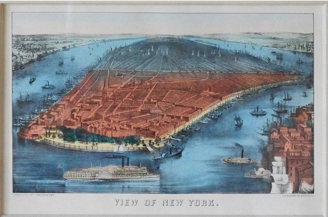 View of New York: New York: Currier & Ives, c. 1860. 9 3/4 x 14 1/2 inches, 18 1/4 x 22 1/4 inches Framed. A Classic American Image of our Largest City at the Beginning of the Civil War