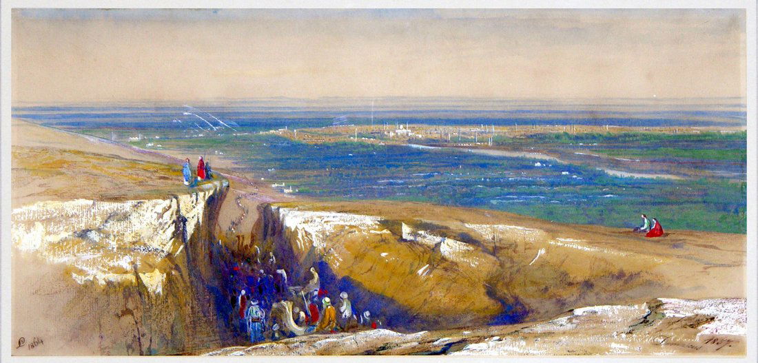 Damascus: Edward Lear (1812 - 1888). watercolor on paper. signed in monogram on front, 1864. 6 3/4 x 14 1/2 inches, 15 x 22 inches framed. Edward Lear's striking coastal watercolors, Edward Lear (1812-1888) is