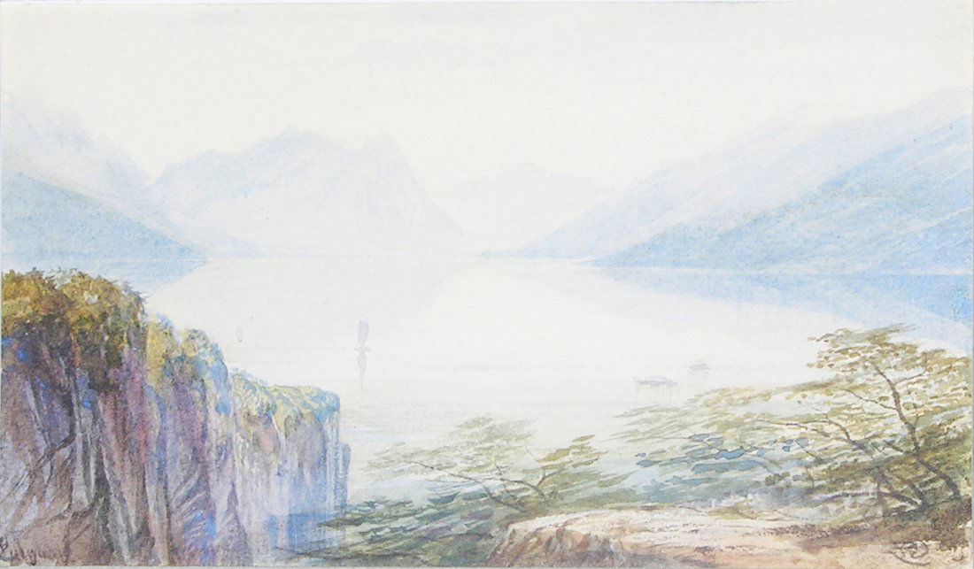 Lugano: Edward Lear (1812 - 1888). watercolor on paper. signed in monogram on front. 1885. 5 x 7 1/2 inches, 10 x 12 1/2 inches framed. Edward Lear's striking coastal watercolors, Edward Lear (1812-1888) is b