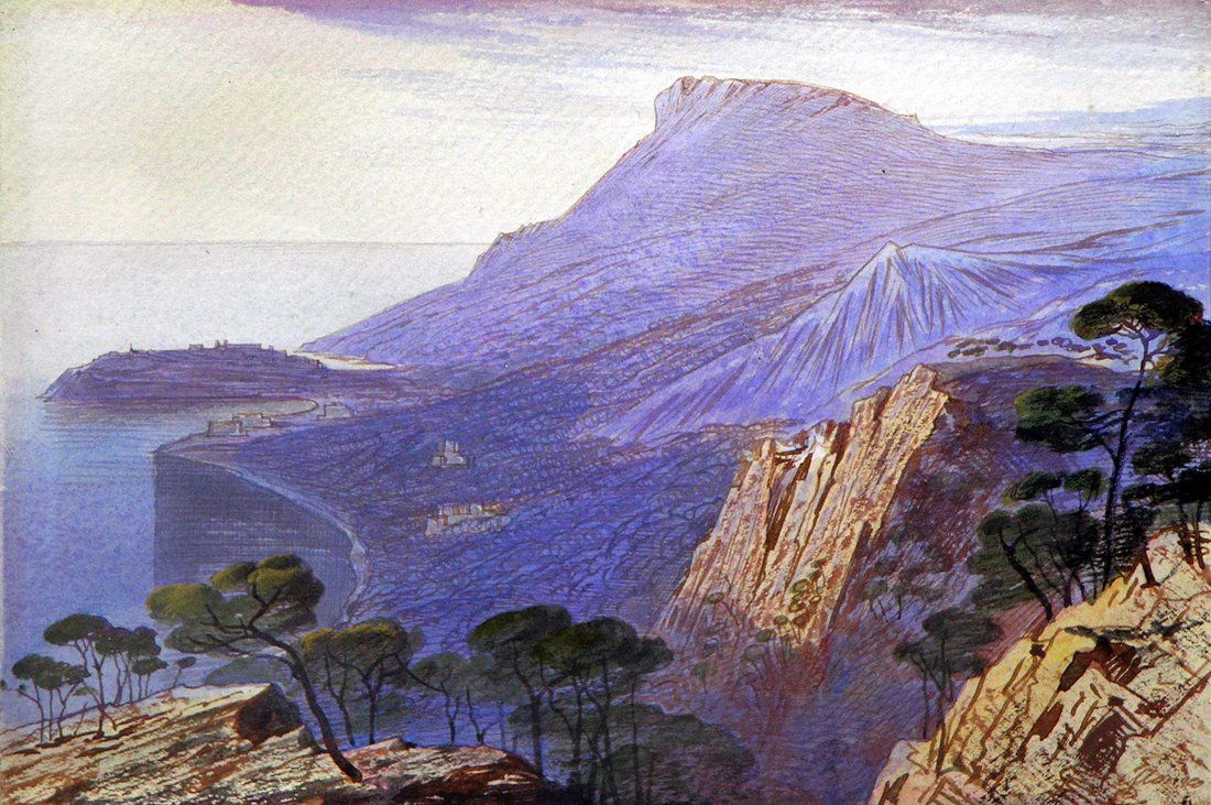 Monaco: Edward Lear (1812 - 1888). pen and ink and watercolor with gum arabic. signed in monogram on front. c. 1864. 6 1/8 x 9 1/8 inches, 14 3/4 x 18 inches framed. Edward Lear's striking coastal watercolors