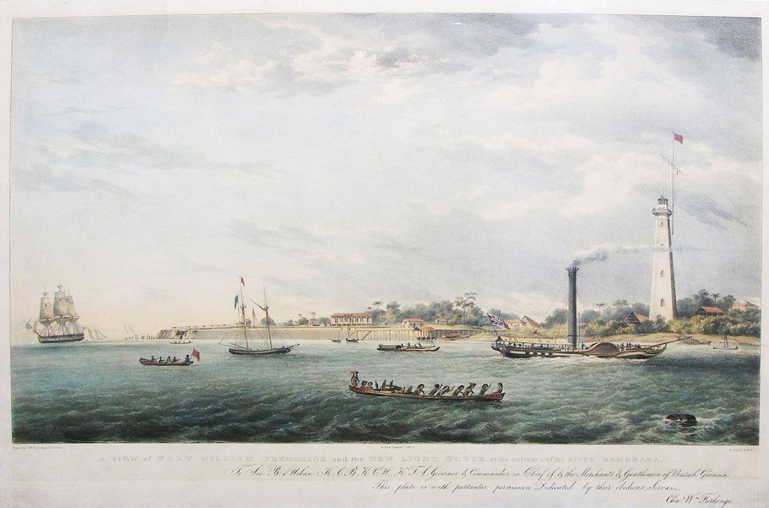 A View of Fort William Frederick...: A View of Fort William Frederick and the new Lighthouse at the Entrance of the River Demerara. C. W. Furlonge (Lith by W. Gauci). Hand colored lithograph. London: R. Ackerman, c. 1830. 17 x 23 inches.