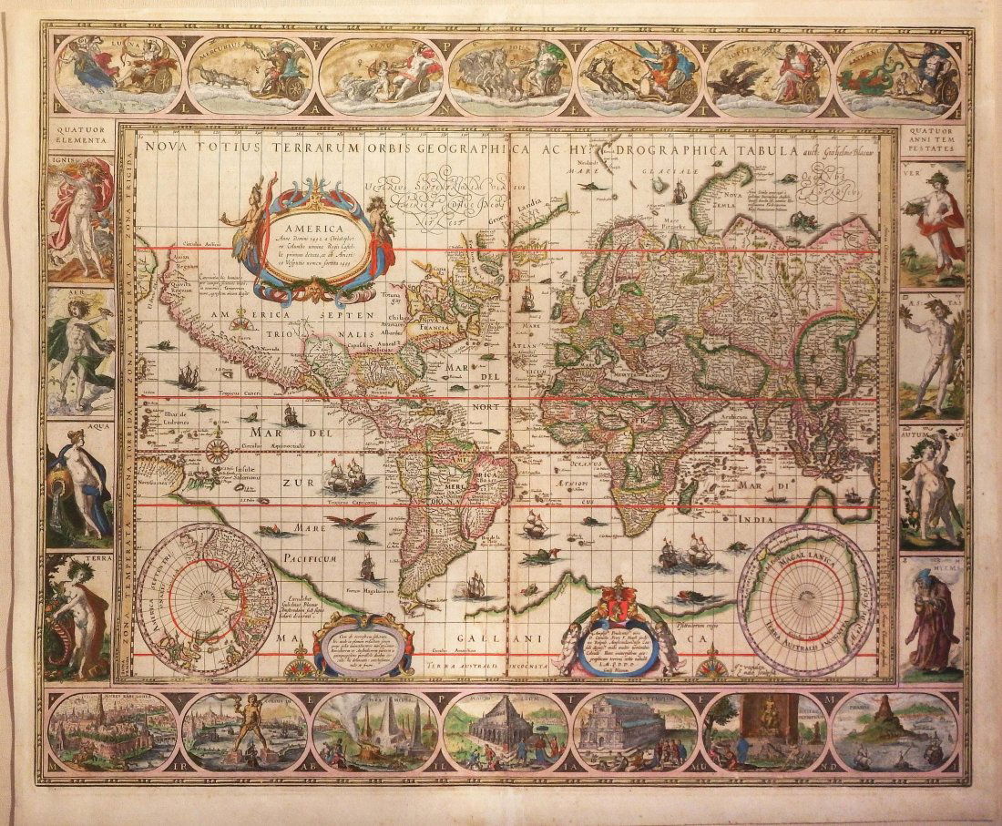 Nova Totius Terrarum Orbis Geographica Ac Hydrographica: Willem Janszoon Blaeu (1571-1638). Engraving with original hand-coloring. Amersterdam: 1630. 17 x 22 1/4 inches, 28 1/2 x 34 inches framed. Beautiful example of Blaeu’s classic world map on Mercator