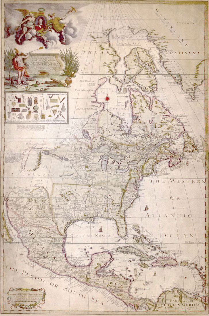 Map of North America Corrected from the latest: George Willdey (fl. c.1695-1733). Engraving with original outline hand-coloring. London: H. Terrason, [c.1715]. 26 x 38 1/2 inches, 37 1/2 x 50 1/4 framed. AN EXCEPTIONALLY RARE AND IMPRESSIVE MAP OF