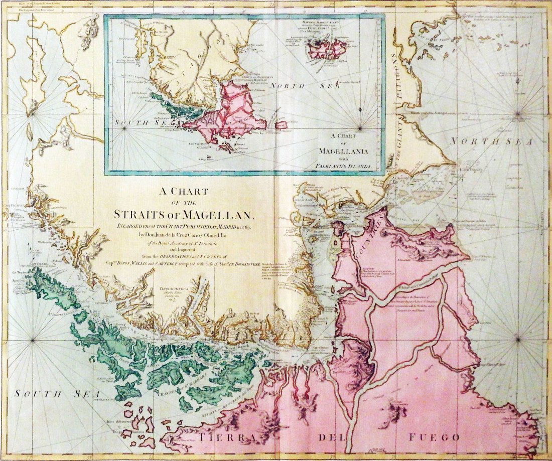 A Chart of the Straight of Magellan: Robert Sayer (1725-1794) and John Bennett. Engraved map with original hand-color in full. London: R. Sayer and J. Bennett, 1775. 22 1/4 x 29 1/2 inches, 27 1/2 x 34 1/2 inches framed. From the Collect