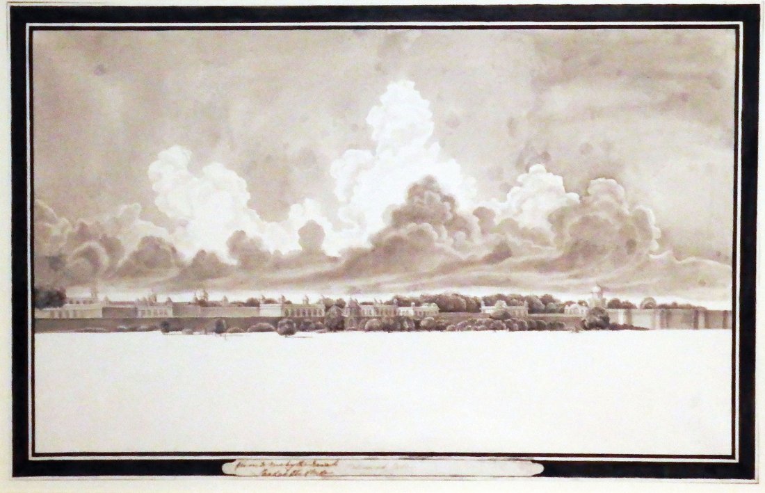 The Palace, Dehli: Thomas Longcroft (1780-1811). Gray wash. Inscribed "Palace at Dehli. Given to me by the Nawab Saadat Ali of Oude" on bottom center. 15 1/4 x 23 3/4 inches, 25 x 33 1/2 inches framed. A Beautiful Ink W