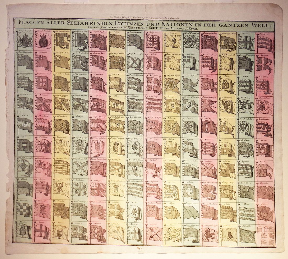 Flaggen Aller Seffahrenden Potenzen und Nationen in der: Matthaeus Seutter (1687-1756). Hand-colored Lithograph. Augspurg: Seutter. 20 3/4 x 23 1/2 inches. A highly decorative and beautiful chart with 140 flags of the sea-faring nations of the world.