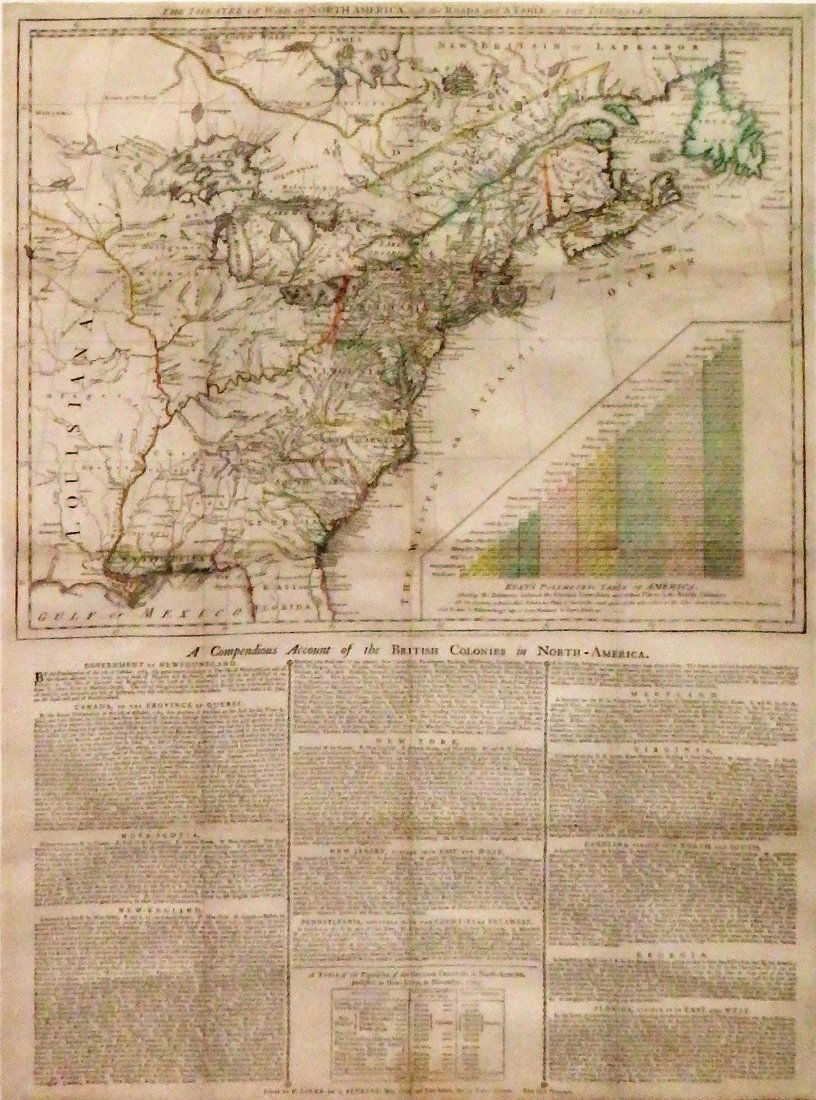The Theatre of War in North America, with the Roads and: Robert Sayer (1725-1794) and John Bennett (D. 1787). London: March 20, 2776. Broadside, single sheet (28 6/8 x 20 6/8 inches). Fine engraved map of the eastern states of America (16 x 20 inches to the