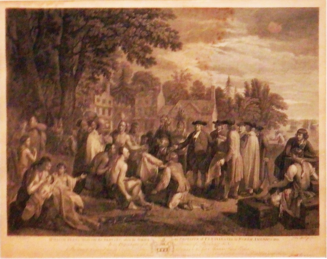 William Penn's Treaty with the Indians when he founded: Benjamin West (1738-1820) & John Hall (1739-1797). Engraving. London: John Boydell, c. 1775. 19 x 24 inches sheet, 27 x 32 1/4 inches framed. One of the best-known prints of a Philadelphia scene
